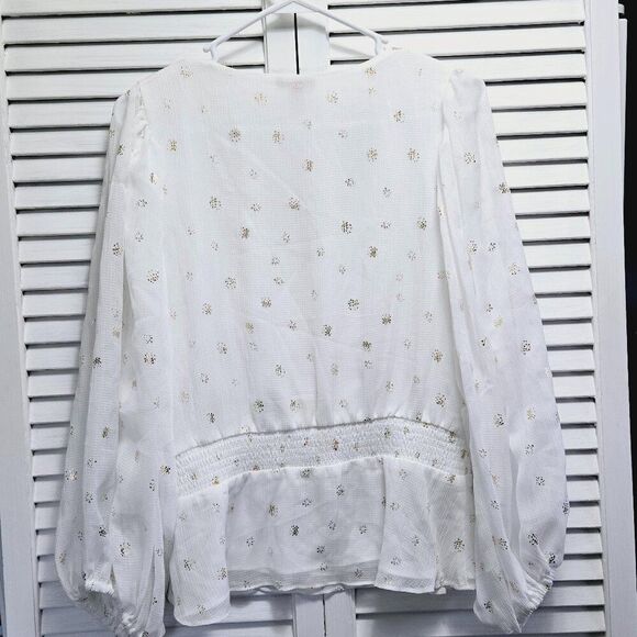 NWT VINCE CAMUTO WOMENS FOILED SMOCKED-HEM PUFF SLEEVES NEW IVORY TUNIC TOP L - Picture 4 of 11